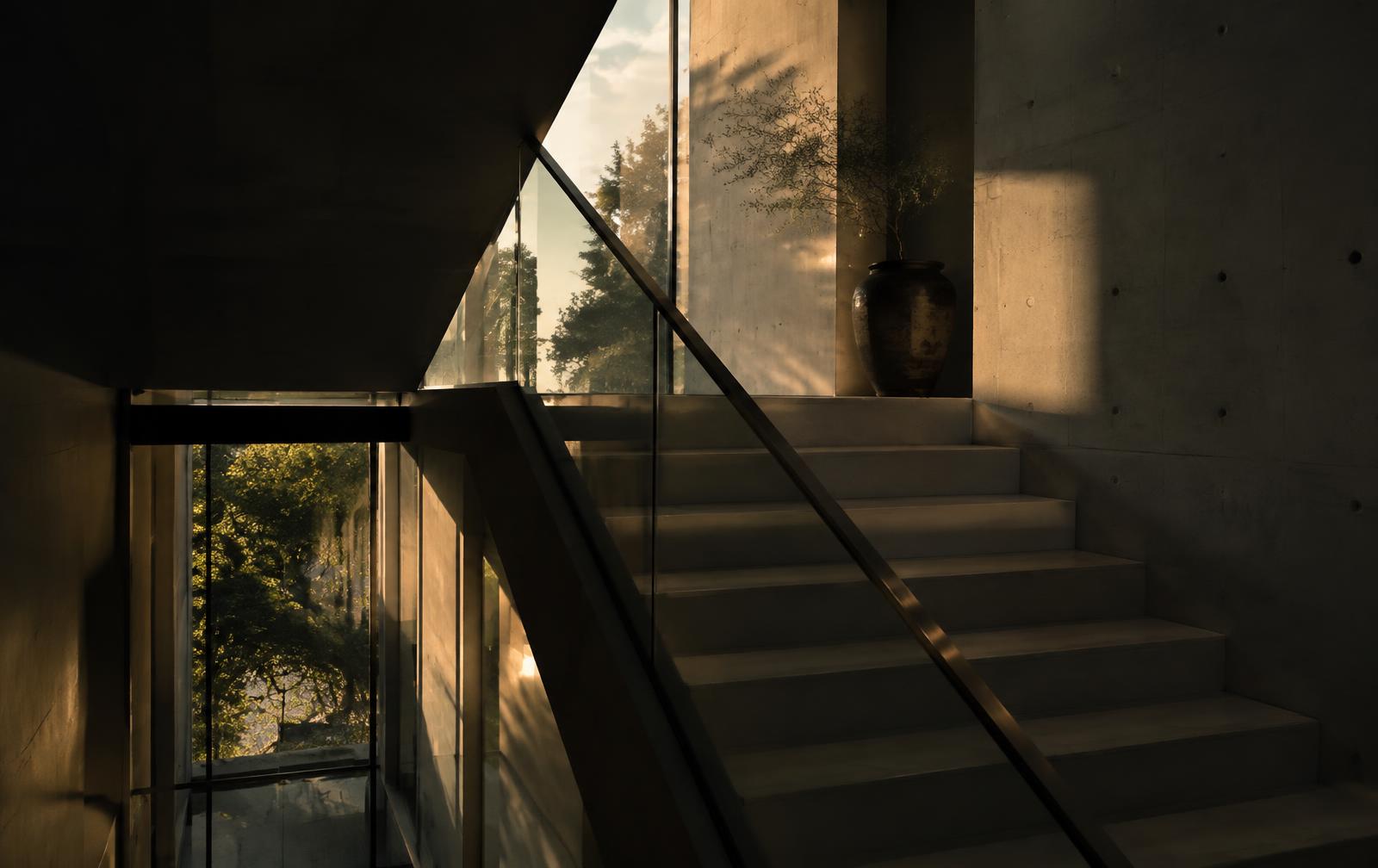 Warm light falling across a minimal concrete and glass stairwell