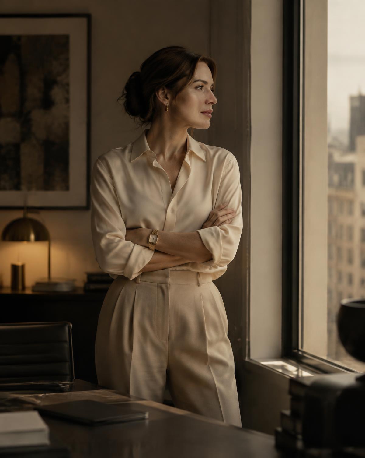 A leader pausing in thought beside a window in a quiet office